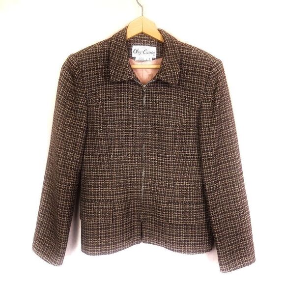 Vintage Oleg Cassini Brown Houndstooth Zip-Up Wool Jacket Blazer Size 6 - Picture 1 of 6